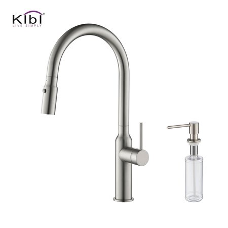 KIBI Hilo Single Handle Pull Down Kitchen Sink Faucet with Soap Dispenser C-KKF2008BN-KSD100BN